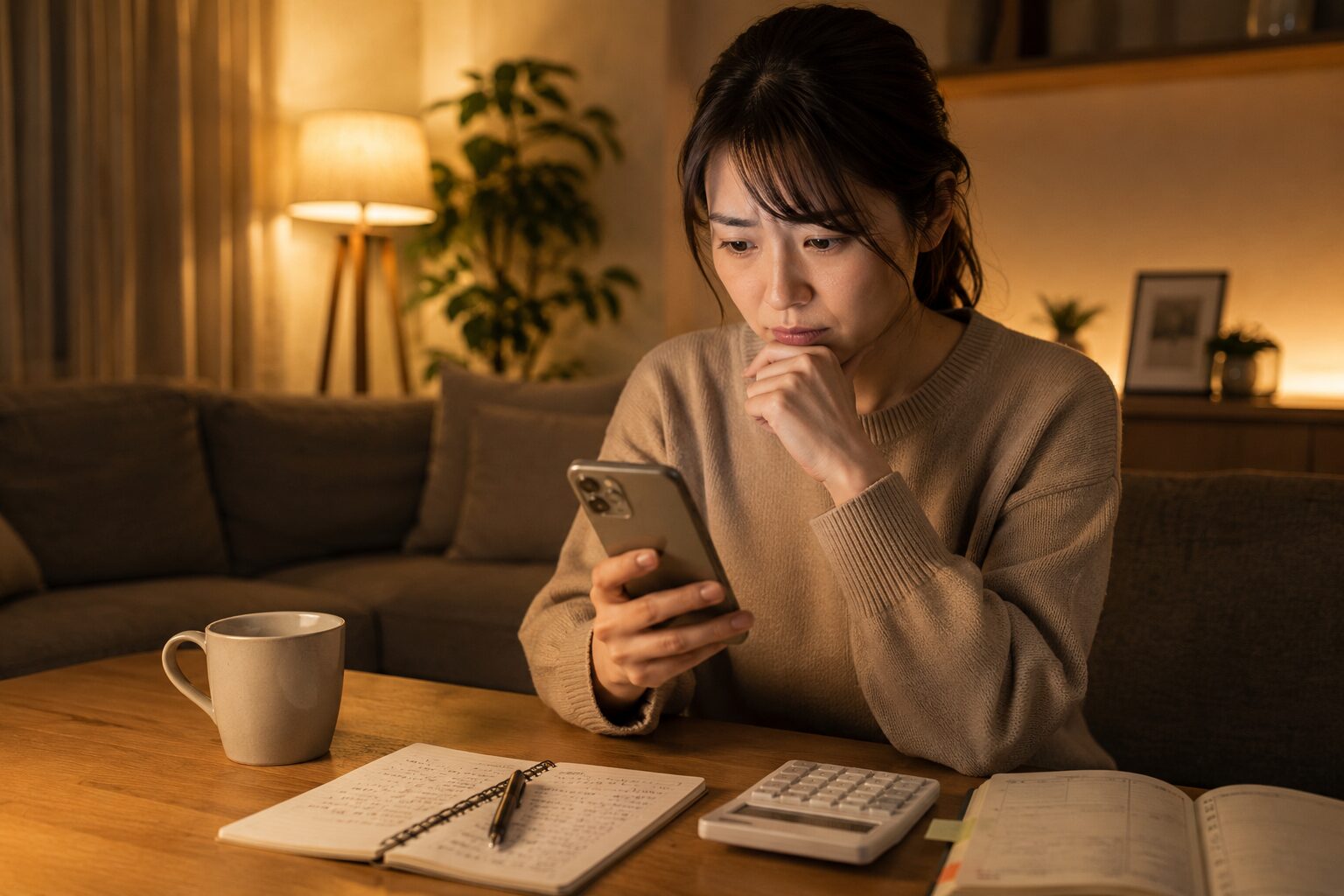 注文住宅の費用を夜にスマホで調べて考える女性