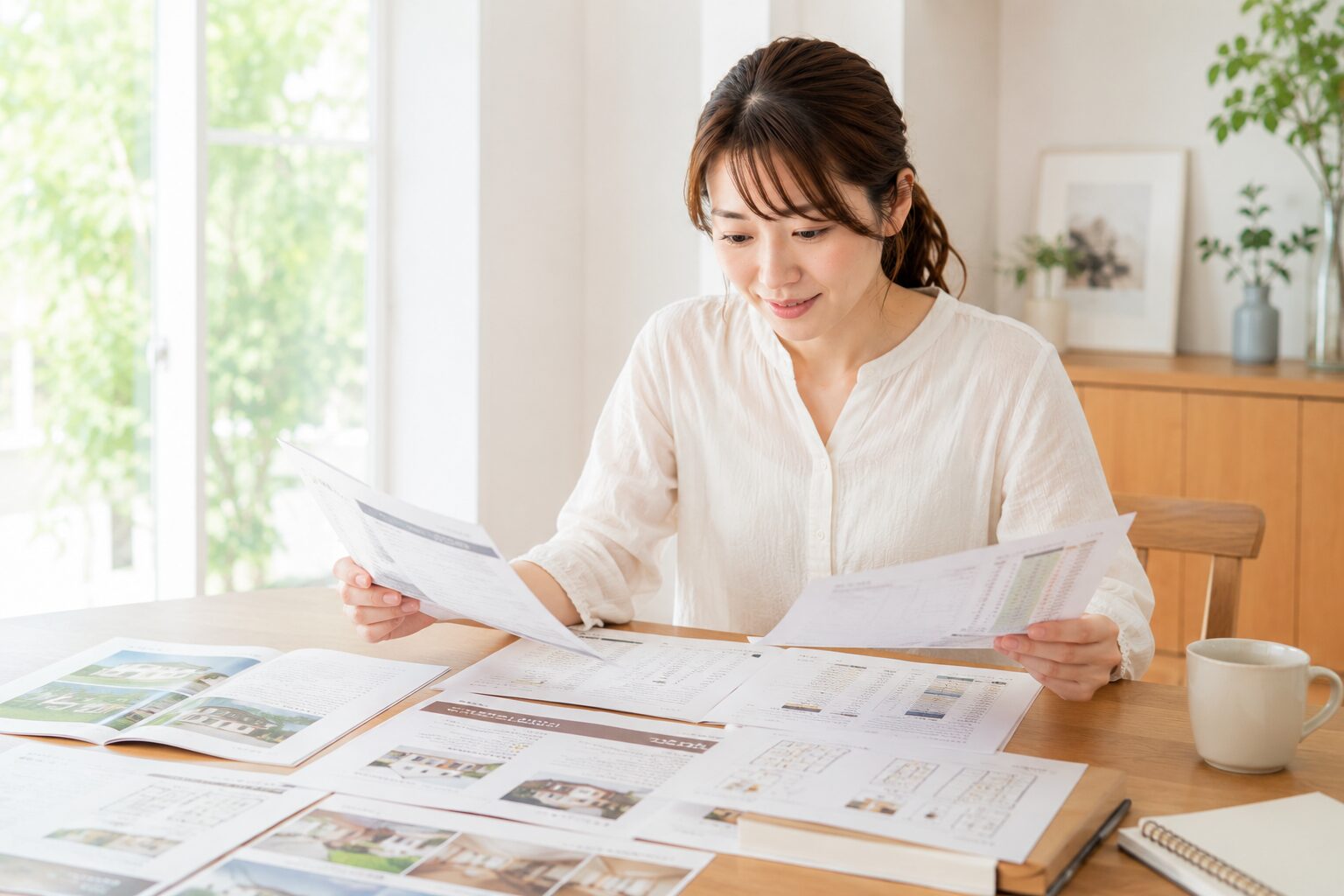 諸費用込みの資金計画書を複数社で見比べる女性